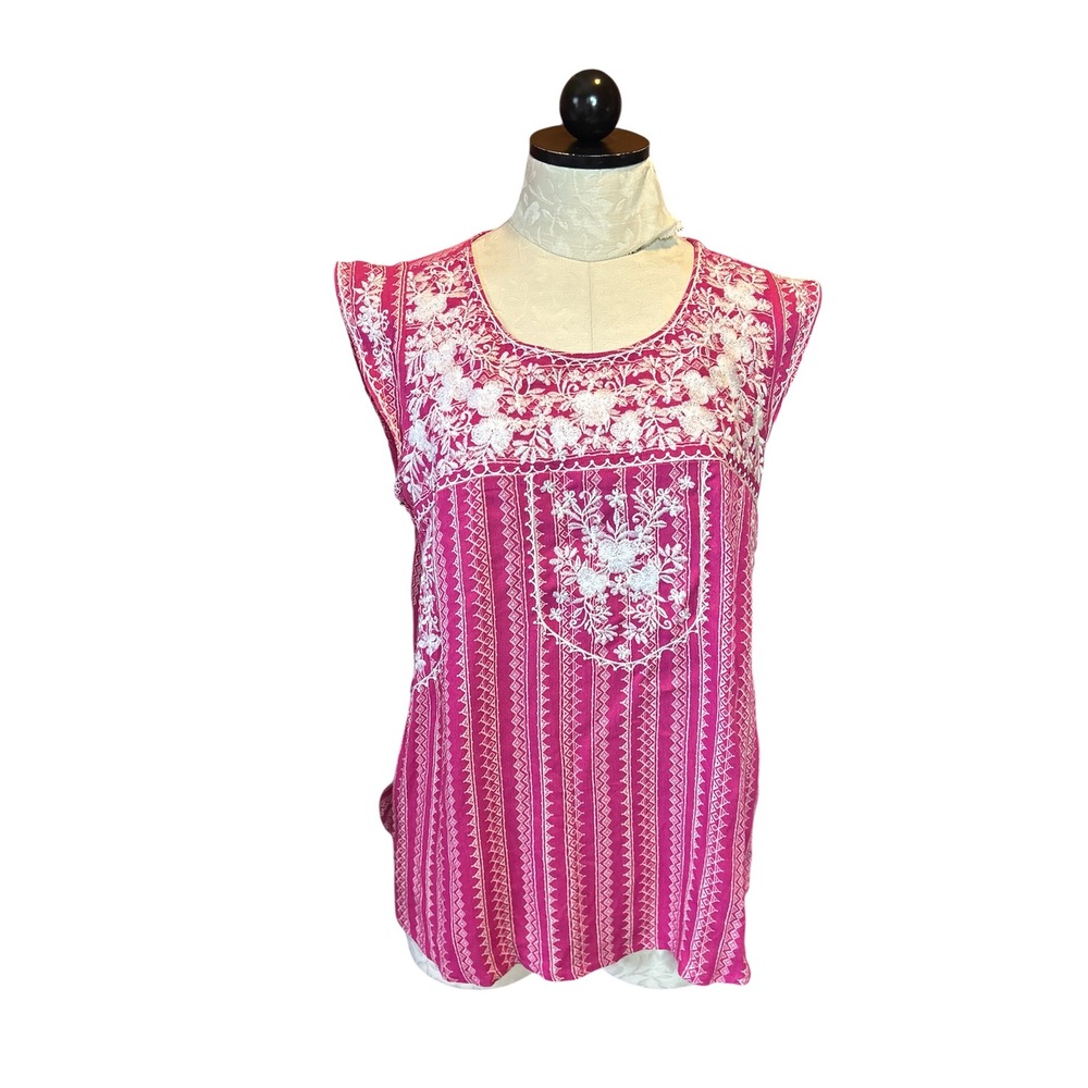 Savanna Jane Pink Embroidered Sleeveless Boho‎ Blouse Top Aztec Print Sz S Boho